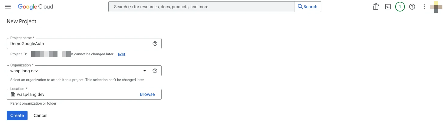 Google Cloud New Project form with Project name, Organization and Location fields
