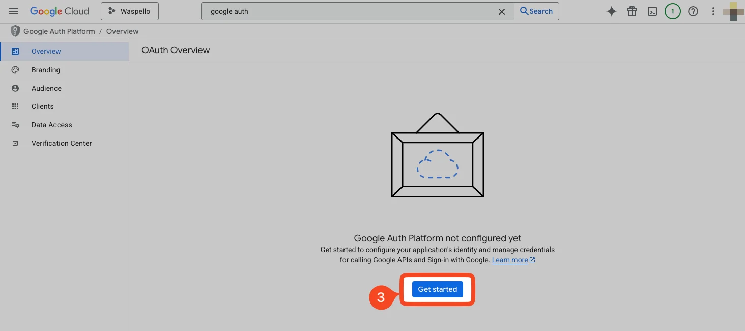 Google Auth Platform overview page with the Get started button highlighted