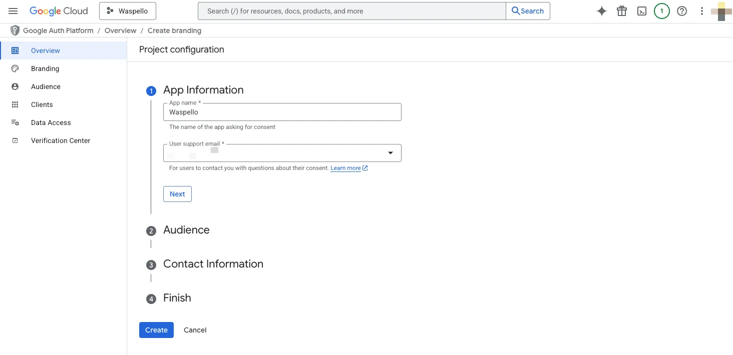 Project configuration wizard showing App name and User support email fields