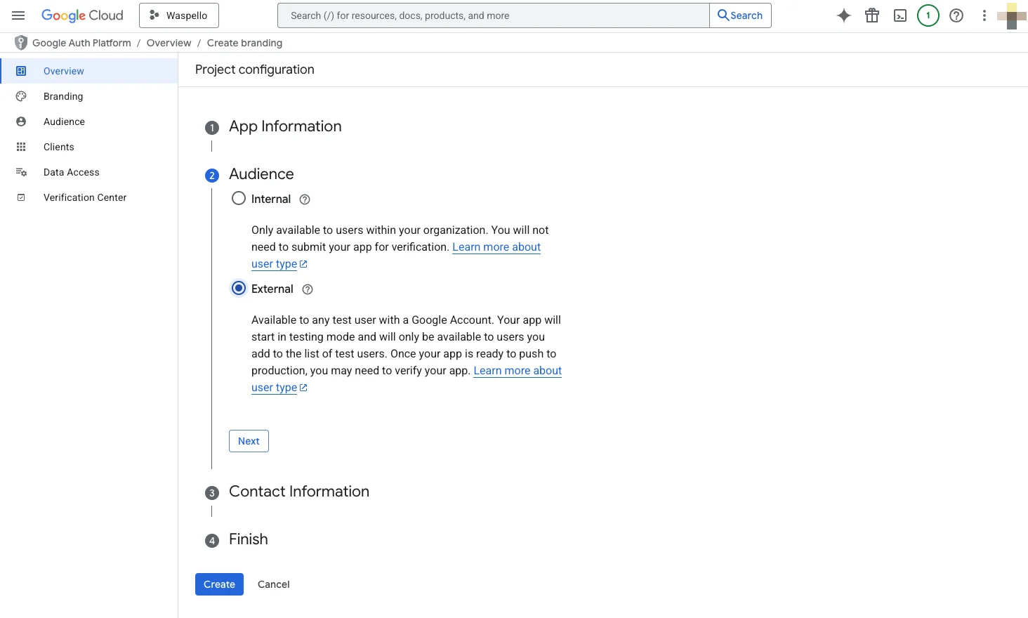 Project configuration wizard Audience section with Internal and External options