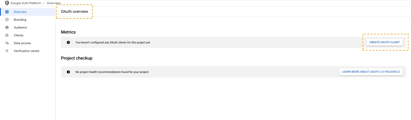 Google Auth Platform overview with the Create OAuth client button highlighted