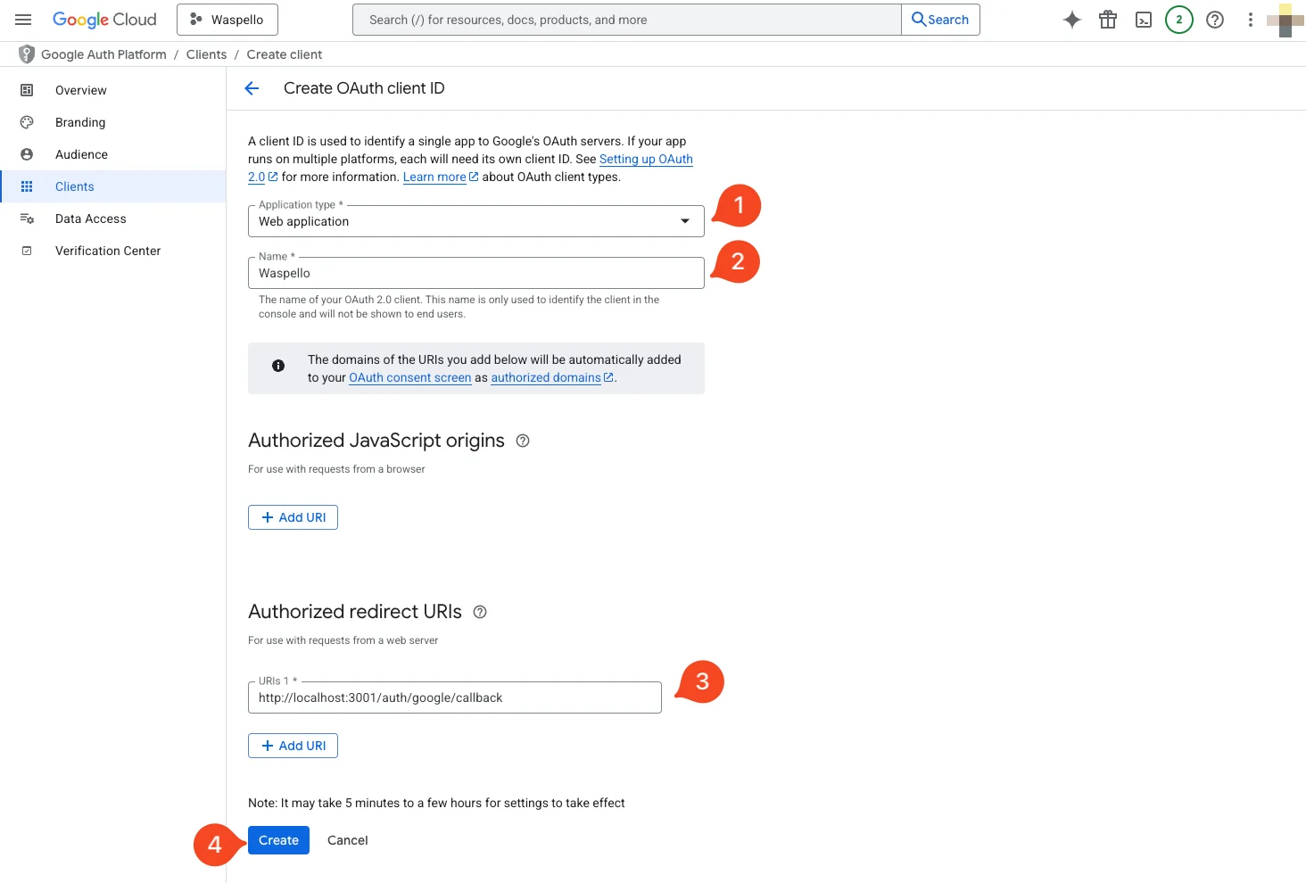 Create OAuth client ID form with Application type Web application, Name, and Authorized redirect URIs