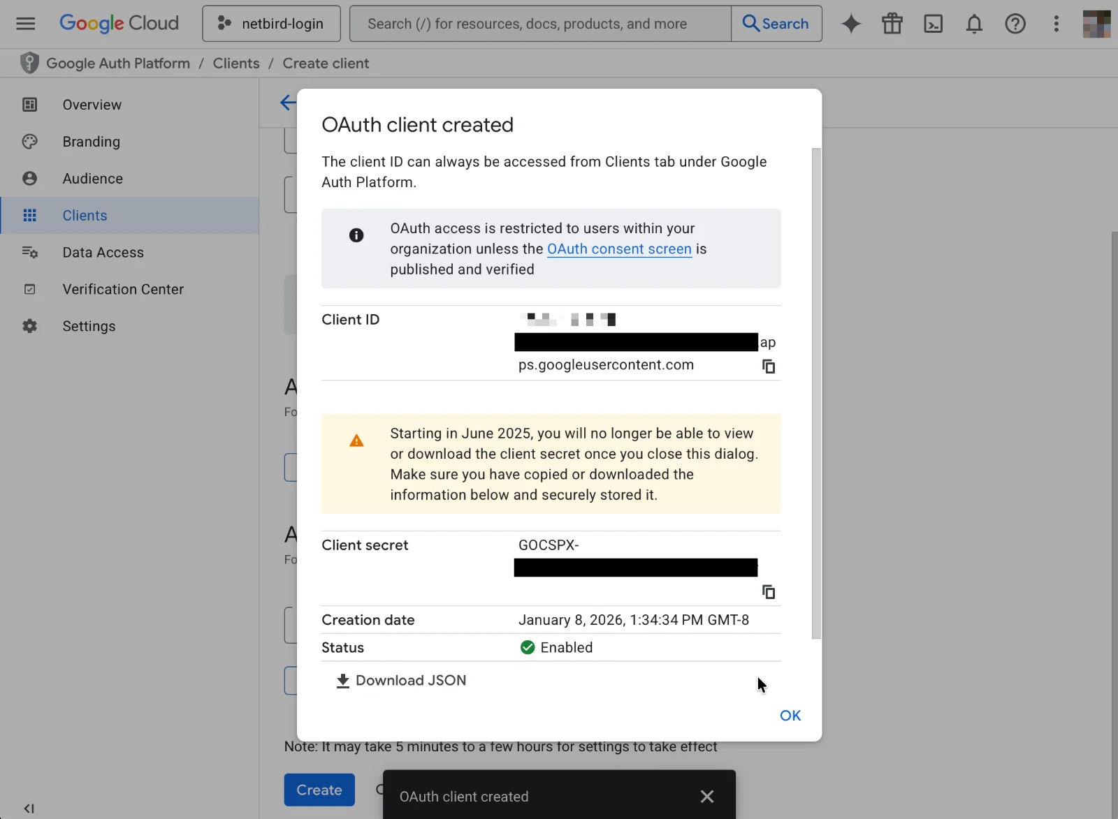 OAuth client created dialog showing Client ID, Client secret beginning GOCSPX-, and Download JSON