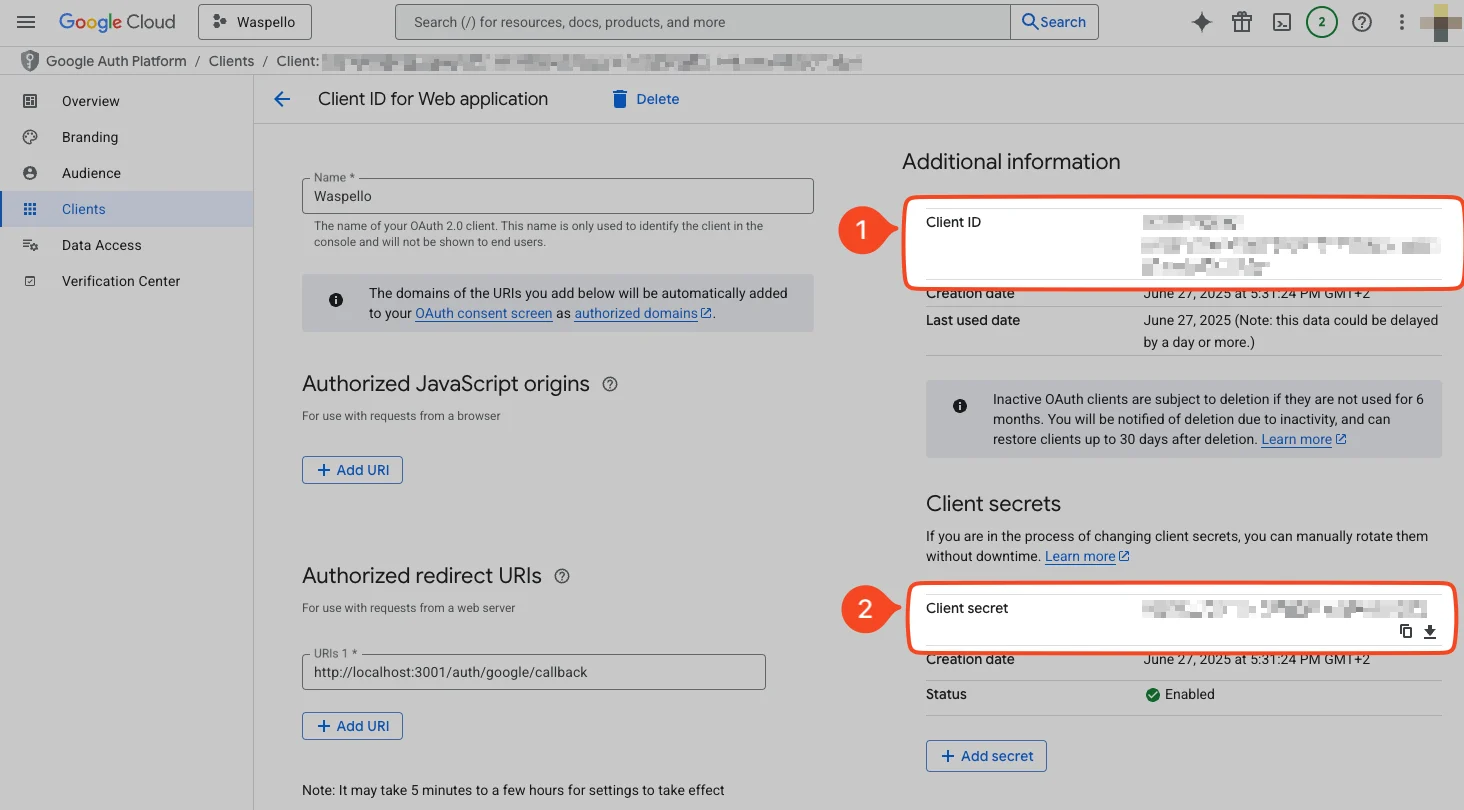 Google OAuth client details page showing Client ID and Client secrets with an Add secret button