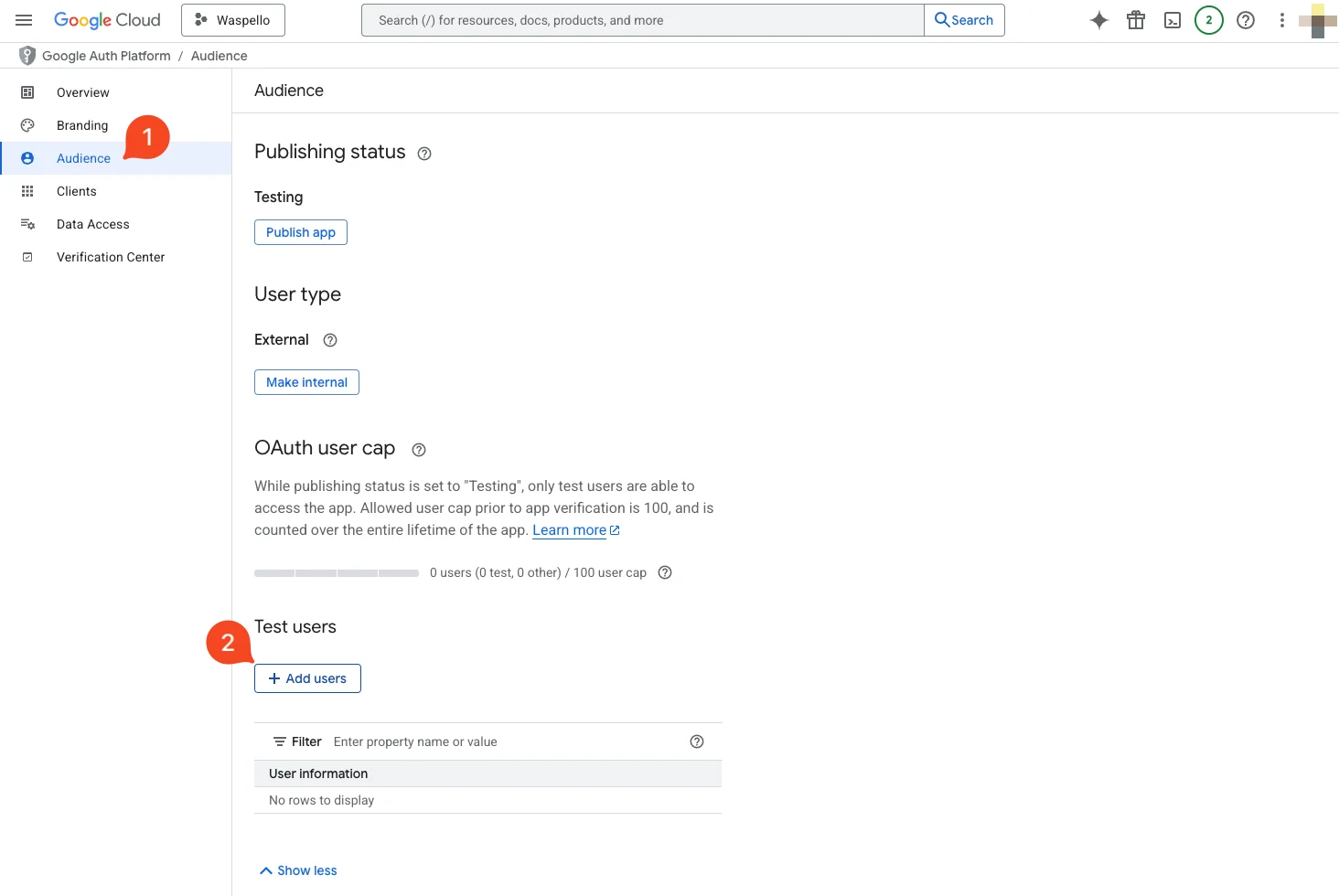 Google Auth Platform Audience page showing Publishing status Testing with a Publish app button