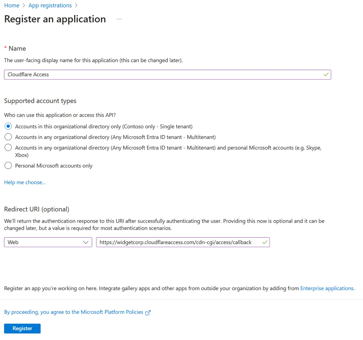 Register an application form with Name, single-tenant account type selected, and a Web redirect URI
