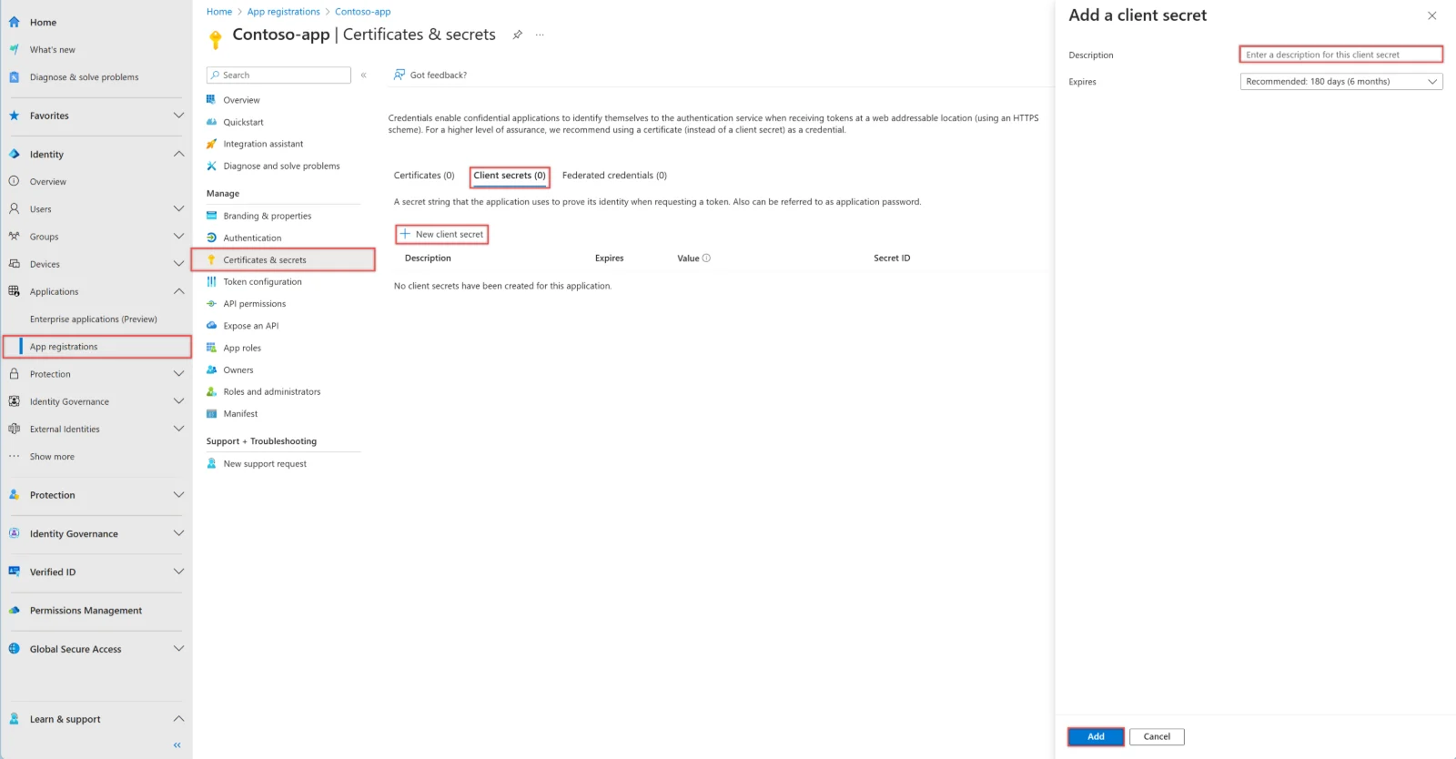 Certificates and secrets page with the Add a client secret panel open showing Description and Expires