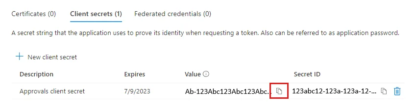 Client secrets table with the copy button on the Value column highlighted