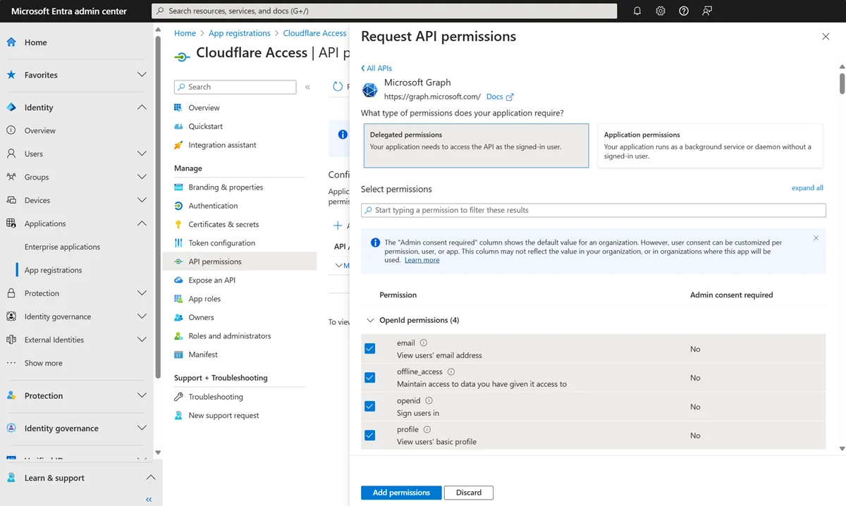 Request API permissions panel with Microsoft Graph delegated permissions email, offline_access, openid and profile selected