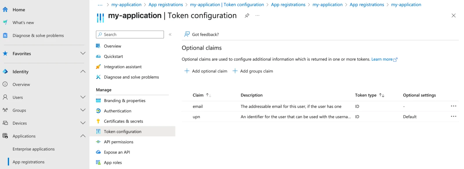 Token configuration page listing the email optional claim for the ID token