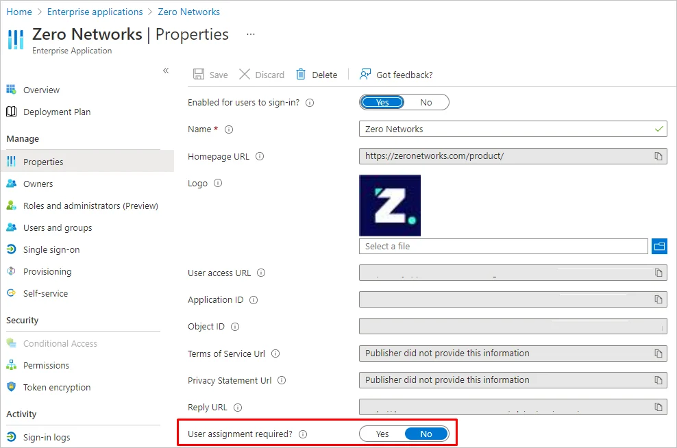 Enterprise application Properties page with the assignment required setting highlighted