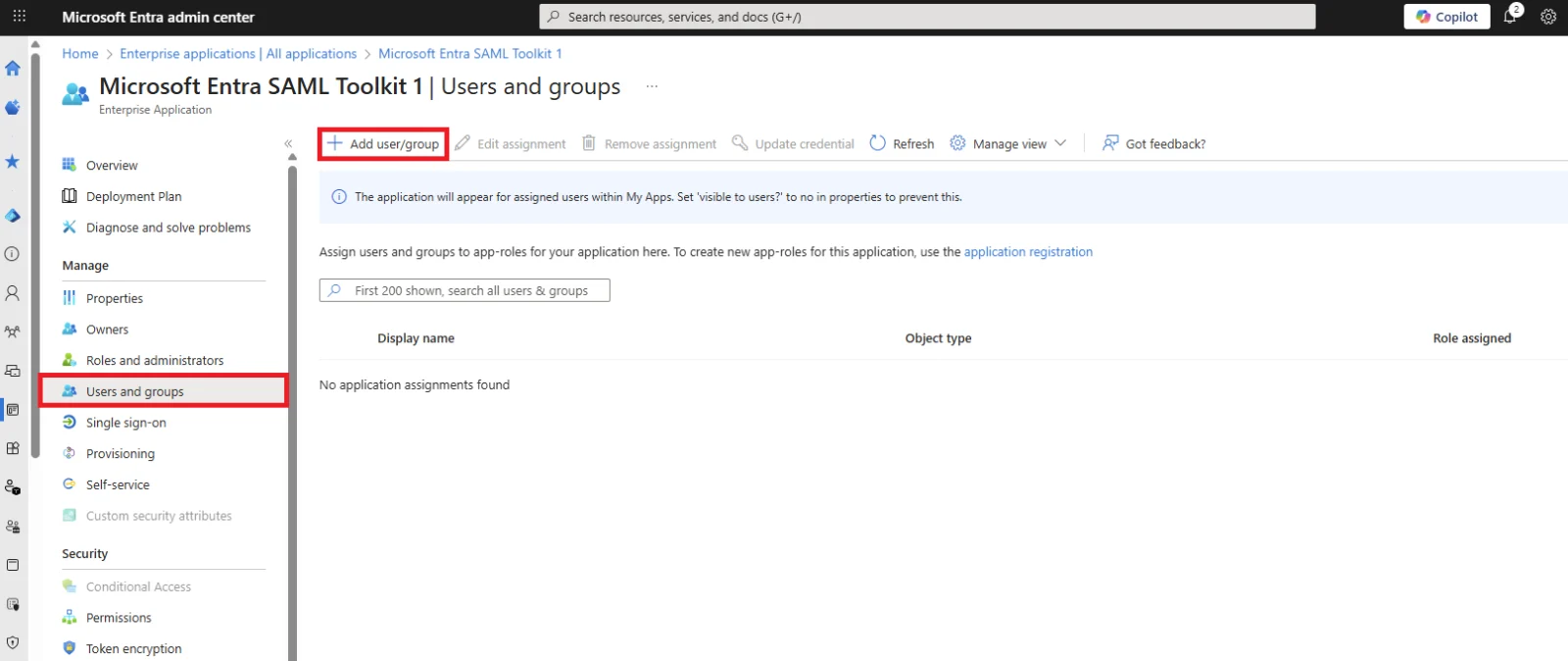 Enterprise application Users and groups page with the Add user/group button highlighted